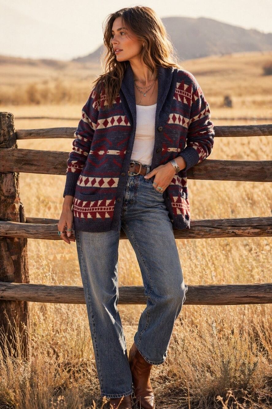 Denim & Supply Ralph Lauren Aztec Southwestern Cardigan Knit Sweater Blue XL